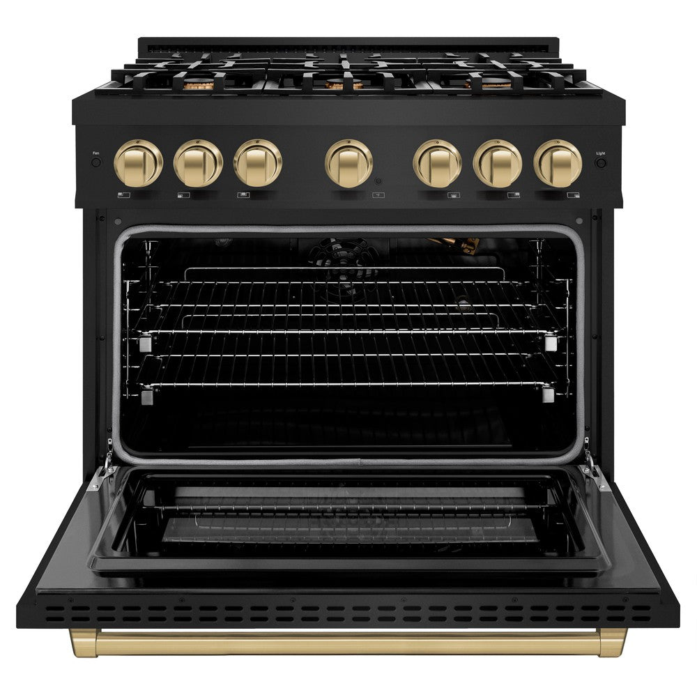ZLINE 36 in. Gas Range 5.2 cu. ft. 6 Burner Cooktop Black Stainless Steel with Champagne Bronze Accents (HGRBZ-36-CB)
