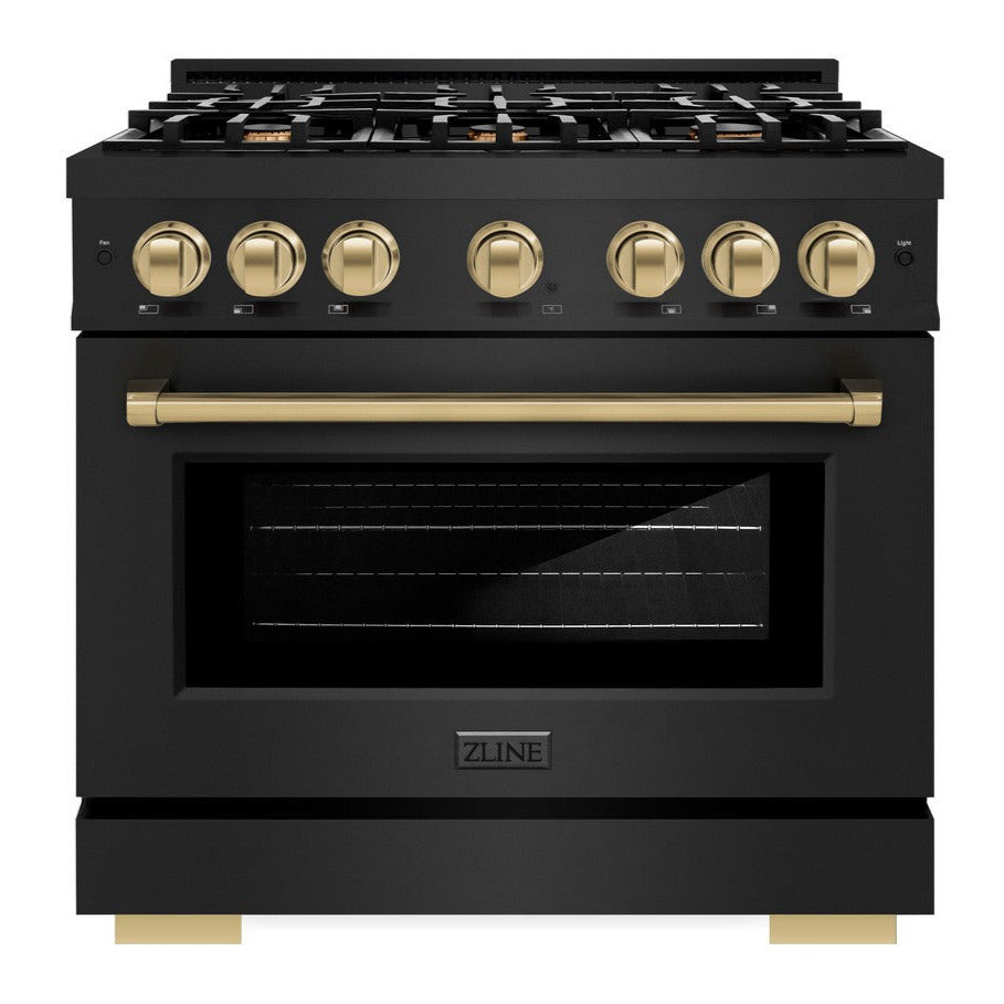 ZLINE 36 in. Gas Range 5.2 cu. ft. 6 Burner Cooktop Black Stainless Steel with Champagne Bronze Accents (HGRBZ-36-CB)