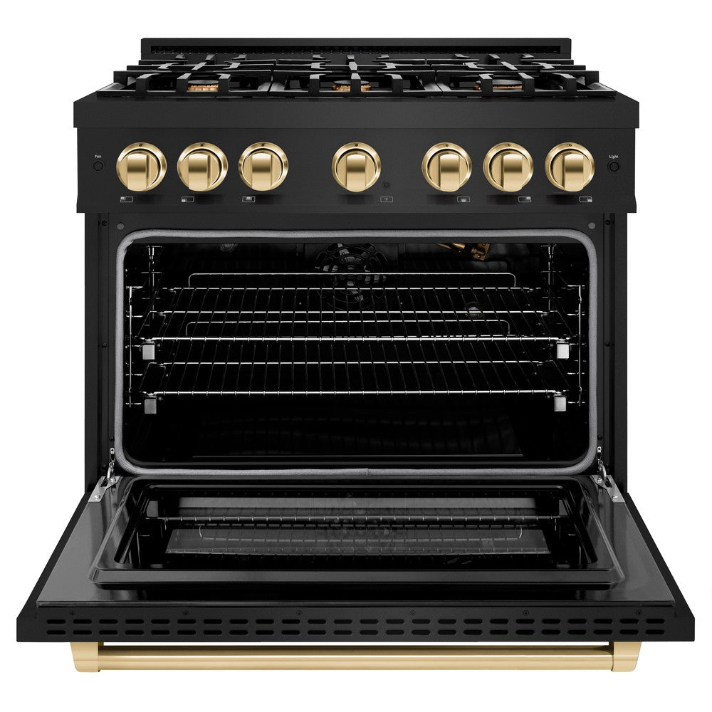 ZLINE 36 in. Gas Range 5.2 cu. ft. 6 Burners Black Stainless Steel with Polished Gold Accents (HGRBZ-36-G)