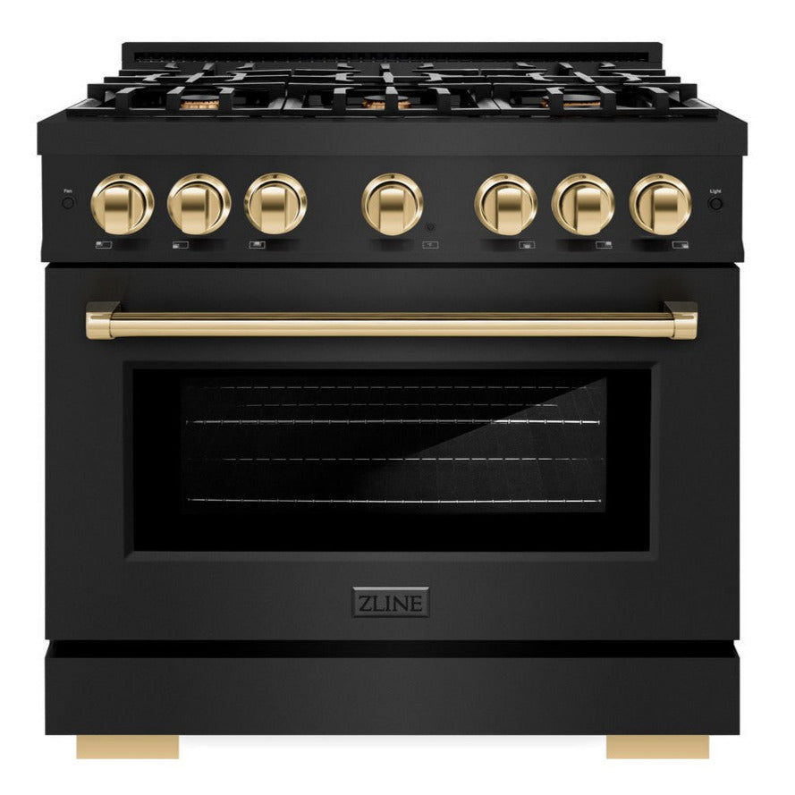 ZLINE 36 in. Gas Range 5.2 cu. ft. 6 Burners Black Stainless Steel with Polished Gold Accents (HGRBZ-36-G)