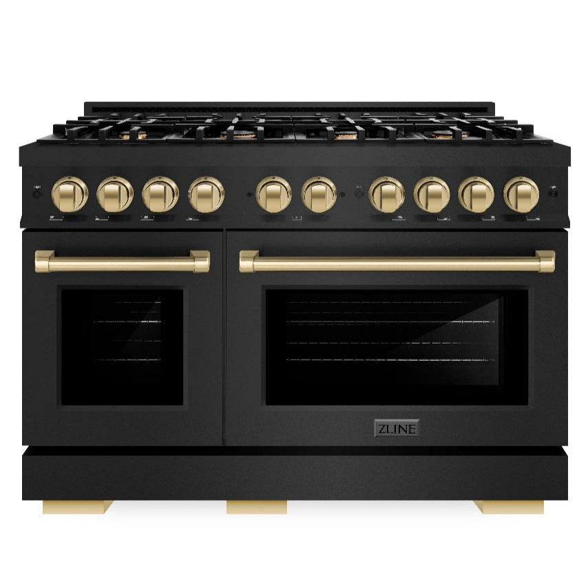 ZLINE 48 in. Gas Range Double Oven 6.7 cu. ft. 8 Burner Cooktop Black Stainless Steel with Champagne Bronze Accents (HGRBZ-48-CB)