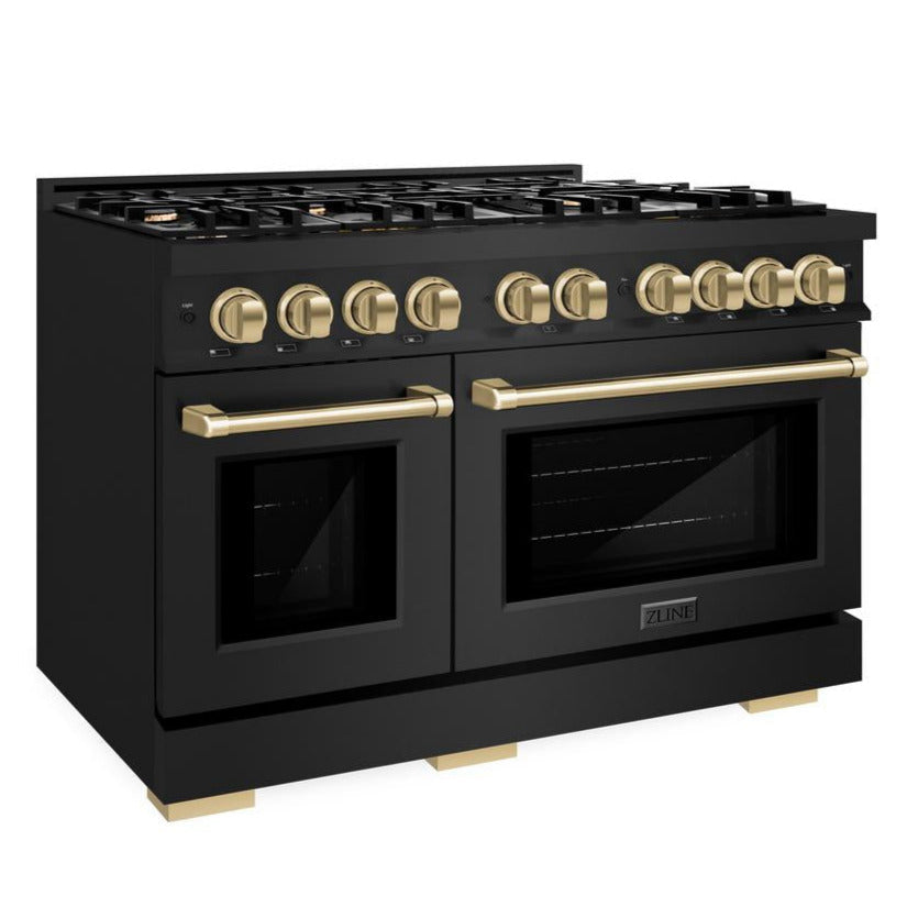 ZLINE 48 in. Gas Range Double Oven 6.7 cu. ft. 8 Burner Cooktop Black Stainless Steel with Champagne Bronze Accents (HGRBZ-48-CB)