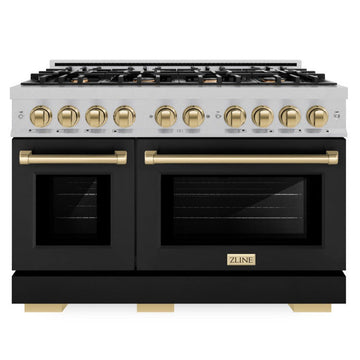 ZLINE 48 in. Gas Range 6.7 cu. ft. Double Oven with 8 Burner Cooktop, Satin Stainless Steel with Black Matte Doors & Champagne Bronze Accents (HGRSZ-BLM-48-CB)