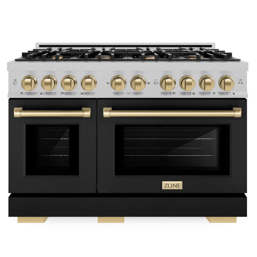 ZLINE 48 in. Gas Range 6.7 cu. ft. Double Oven with 8 Burner Cooktop, Satin Stainless Steel with Black Matte Doors & Champagne Bronze Accents (HGRSZ-BLM-48-CB)