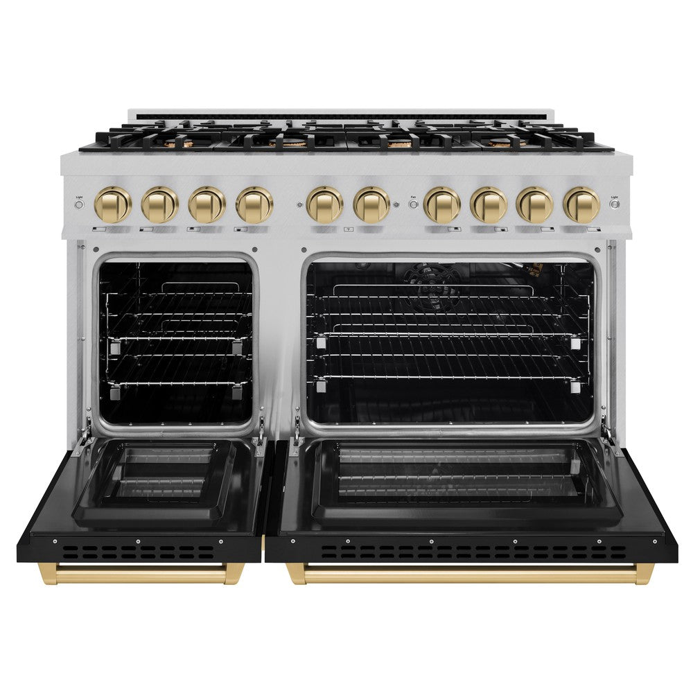 ZLINE 48 in. Gas Range 6.7 cu. ft. Double Oven with 8 Burner Cooktop, Satin Stainless Steel with Black Matte Doors & Champagne Bronze Accents (HGRSZ-BLM-48-CB)