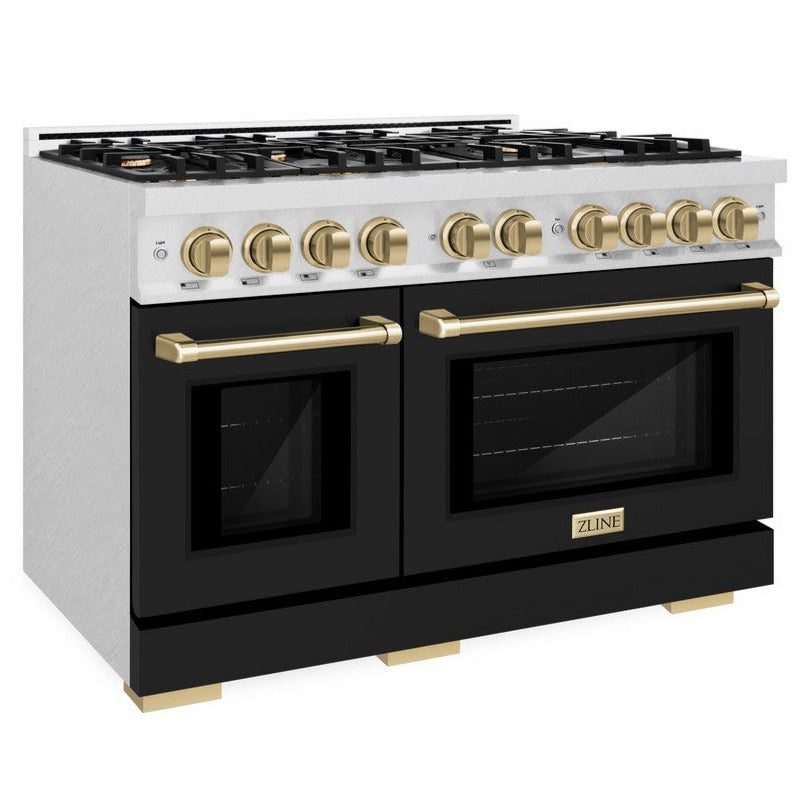 ZLINE 48 in. Gas Range 6.7 cu. ft. Double Oven with 8 Burner Cooktop, Satin Stainless Steel with Black Matte Doors & Champagne Bronze Accents (HGRSZ-BLM-48-CB)