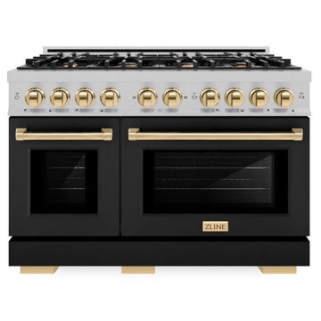 ZLINE 48 in. Gas Range Double Oven 6.7 cu. ft. 8 Burners Satin Stainless Steel with Black Matte Doors & Polished Gold Accents (HGRSZ-BLM-48-G)