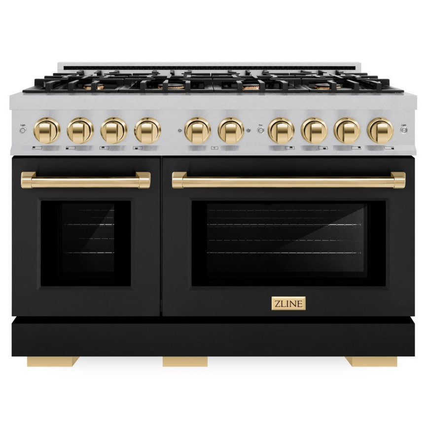 ZLINE 48 in. Gas Range Double Oven 6.7 cu. ft. 8 Burners Satin Stainless Steel with Black Matte Doors & Polished Gold Accents (HGRSZ-BLM-48-G)