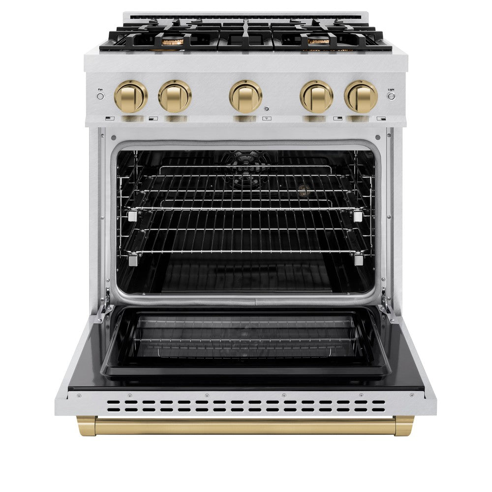 ZLINE 30 in. Dual Fuel Range 4.2 cu. ft. 4 Burner Gas Cooktop with Electric Convection Oven Satin Stainless Steel with Champagne Bronze Accents (HDRSZ-30-CB)