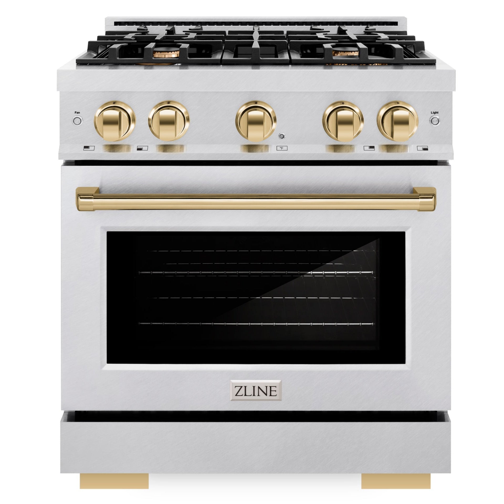 ZLINE Autograph Edition 30 in. Dual Fuel Range, 4 Burners Gas Cooktop, Electric Convection Oven, Satin Stainless Steel with Polished Gold Accents (HDRSZ-30-G)