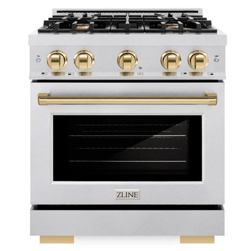 ZLINE Autograph Edition 30 in. Dual Fuel Range, 4 Burners Gas Cooktop, Electric Convection Oven, Satin Stainless Steel with Polished Gold Accents (HDRSZ-30-G)