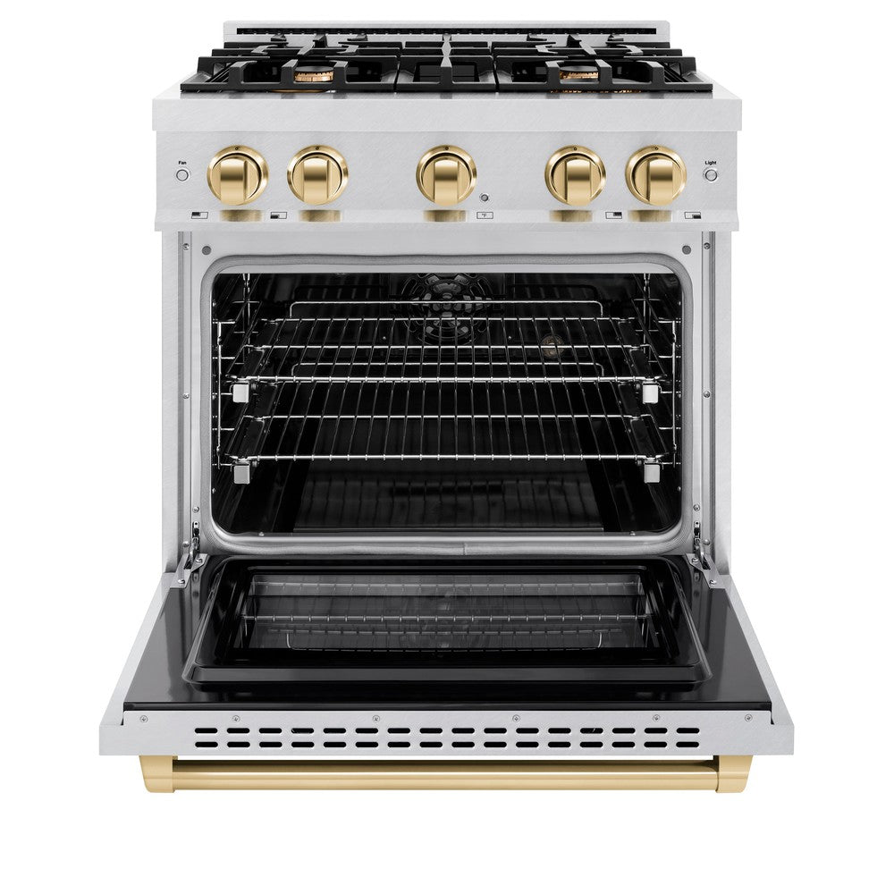 ZLINE Autograph Edition 30 in. Dual Fuel Range, 4 Burners Gas Cooktop, Electric Convection Oven, Satin Stainless Steel with Polished Gold Accents (HDRSZ-30-G)