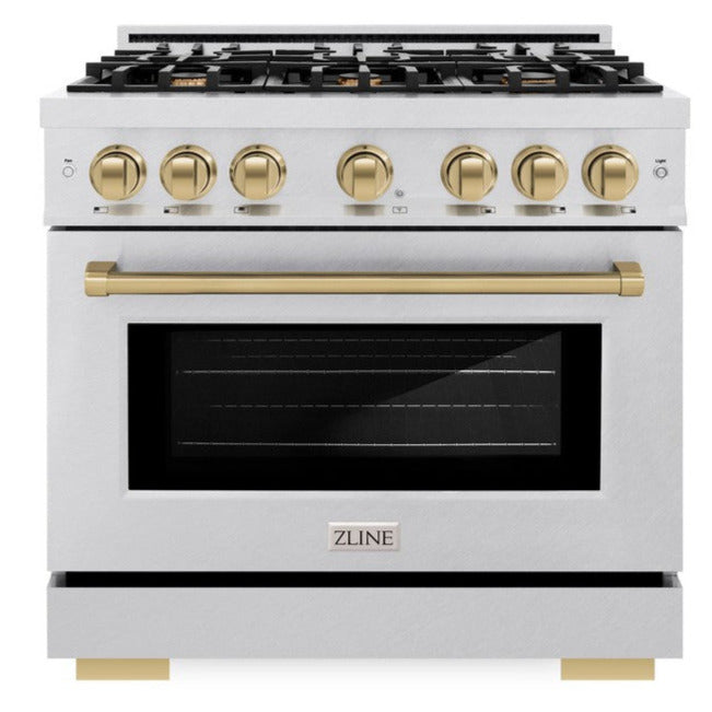 ZLINE 36 in. Dual Fuel Range 5.2 cu. ft. 6 Gas Burners Electric Convection Oven Satin Stainless Steel Champagne Bronze Accents (HDRSZ-36-CB)