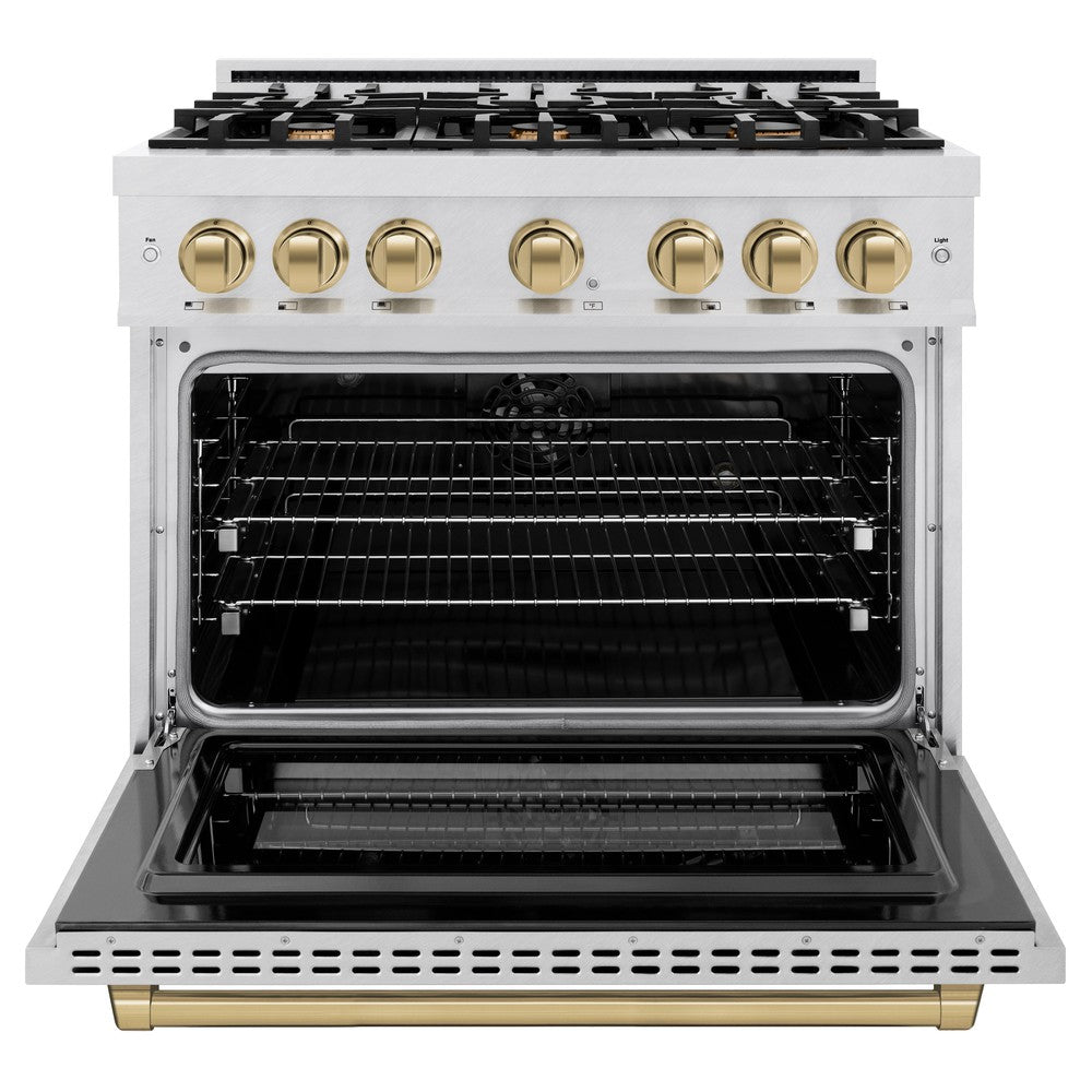 ZLINE 36 in. Dual Fuel Range 5.2 cu. ft. 6 Gas Burners Electric Convection Oven Satin Stainless Steel Champagne Bronze Accents (HDRSZ-36-CB)