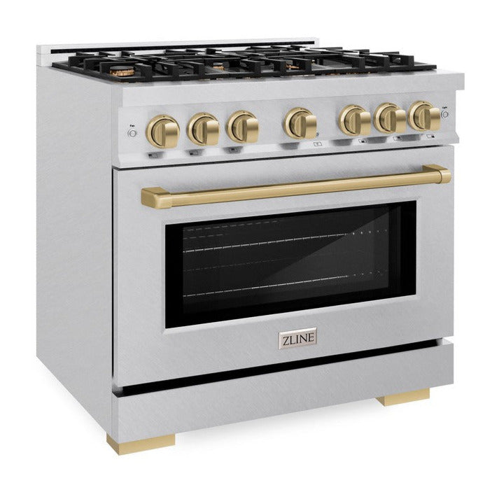 ZLINE 36 in. Dual Fuel Range 5.2 cu. ft. 6 Gas Burners Electric Convection Oven Satin Stainless Steel Champagne Bronze Accents (HDRSZ-36-CB)