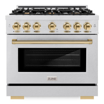 ZLINE 36 in. Dual Fuel Range 5.2 cu. ft. – 6 Burner Gas Cooktop, Electric Convection Oven, Satin Stainless Steel with Polished Gold Accents (HDRSZ-36-G)