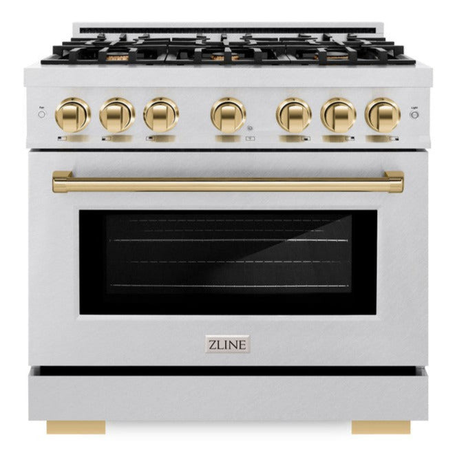 ZLINE 36 in. Dual Fuel Range 5.2 cu. ft. – 6 Burner Gas Cooktop, Electric Convection Oven, Satin Stainless Steel with Polished Gold Accents (HDRSZ-36-G)