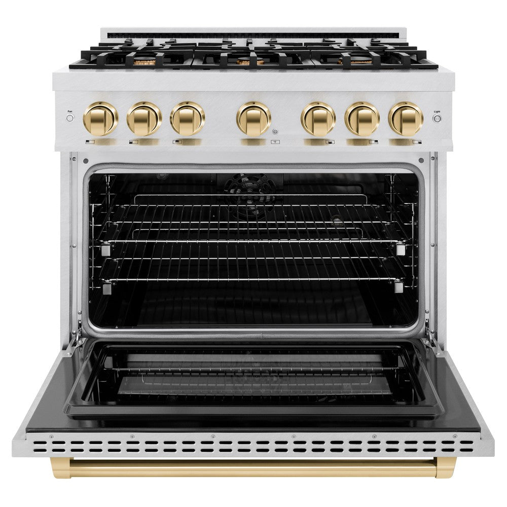 ZLINE 36 in. Dual Fuel Range 5.2 cu. ft. – 6 Burner Gas Cooktop, Electric Convection Oven, Satin Stainless Steel with Polished Gold Accents (HDRSZ-36-G)