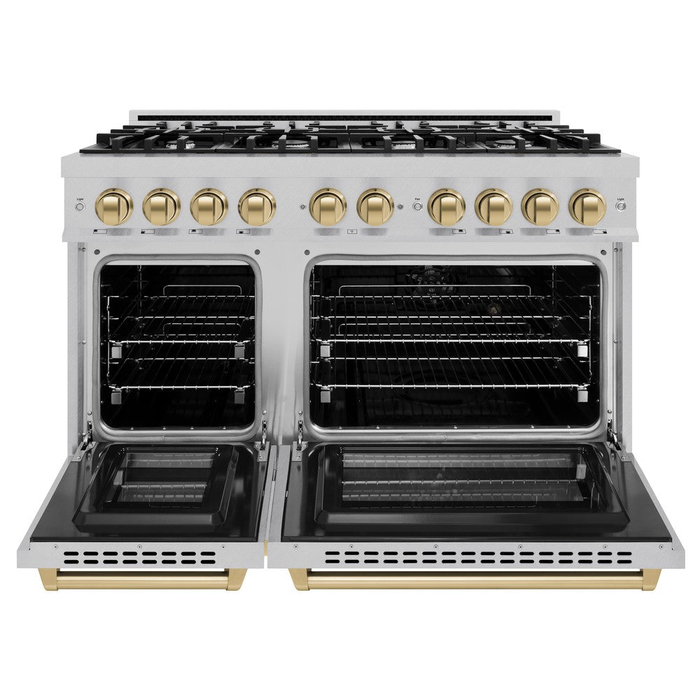 ZLINE 48 in. Dual Fuel Range with Double Oven – 6.7 cu. ft. Capacity, 8 Burner Gas Cooktop, Satin Stainless Steel with Champagne Bronze Accents (HDRSZ-48-CB)