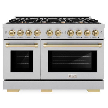 ZLINE 48 in. Dual Fuel Range with Double Oven – 6.7 cu. ft. Capacity, 8 Burner Gas Cooktop, Satin Stainless Steel with Champagne Bronze Accents (HDRSZ-48-CB)