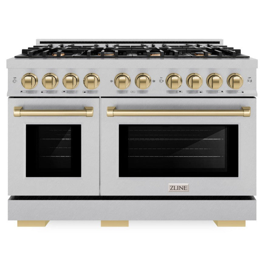 ZLINE 48 in. Dual Fuel Range with Double Oven – 6.7 cu. ft. Capacity, 8 Burner Gas Cooktop, Satin Stainless Steel with Champagne Bronze Accents (HDRSZ-48-CB)