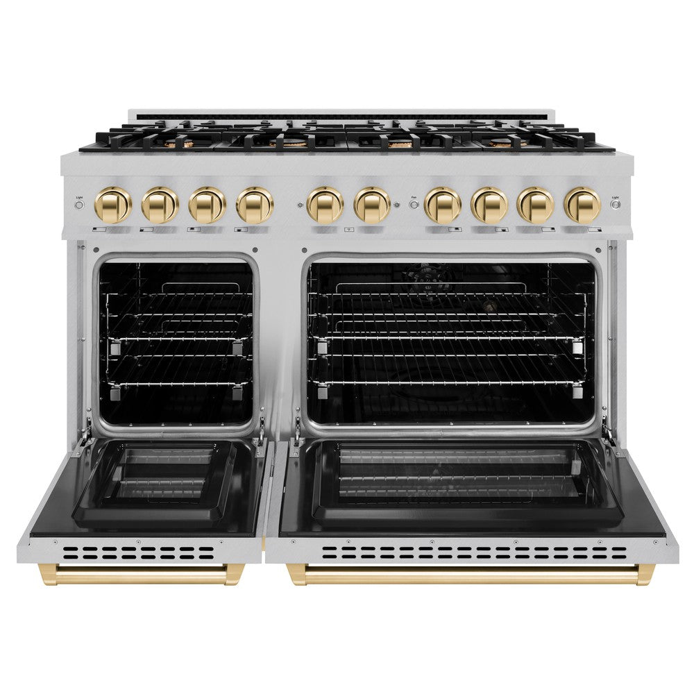 ZLINE 48 in. Dual Fuel Range 6.7 cu. ft. Double Oven 8 Burner Gas Cooktop Satin Stainless Steel with Polished Gold Accents (HDRSZ-48-G)
