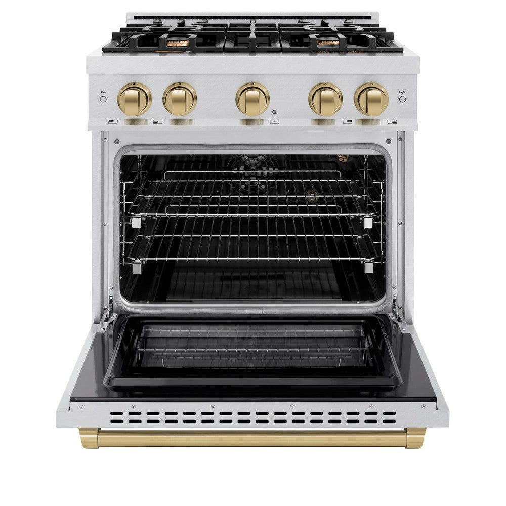 ZLINE 30 in. Gas Range 4.2 cu. ft. 4 Burners Convection Oven Satin Stainless Steel Champagne Bronze Accents (HGRSZ-30-CB)