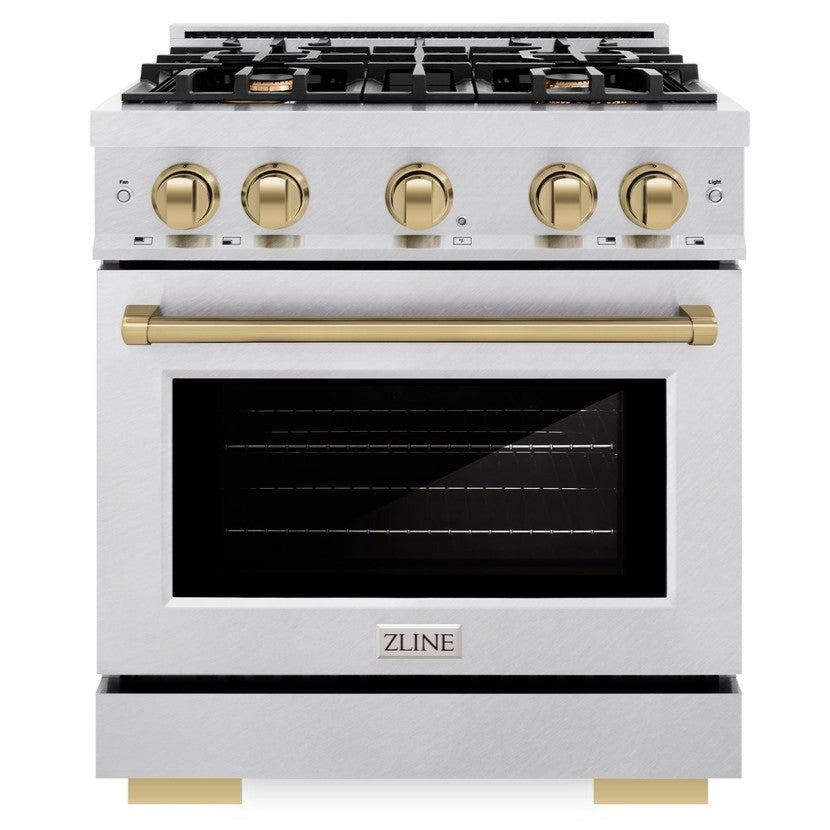 ZLINE 30 in. Gas Range 4.2 cu. ft. 4 Burners Convection Oven Satin Stainless Steel Champagne Bronze Accents (HGRSZ-30-CB)