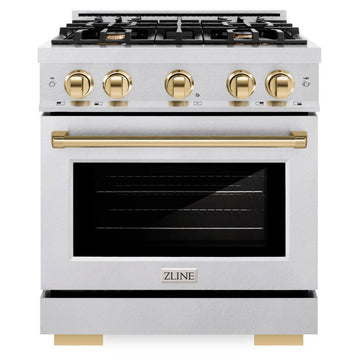 ZLINE 30 in. Gas Range 4.2 cu. ft. Select Series Convection Oven with 4 Burner Cooktop, Satin Stainless Steel & Polished Gold Accents (HGRSZ-30-G)