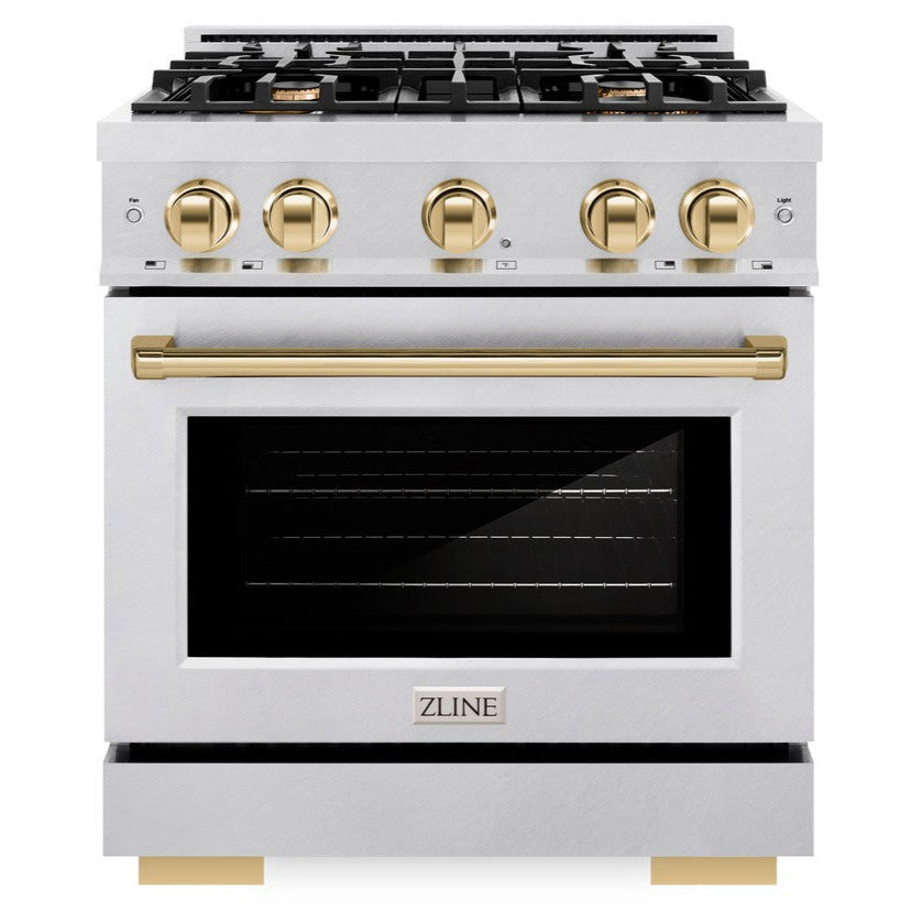ZLINE 30 in. Gas Range 4.2 cu. ft. Select Series Convection Oven with 4 Burner Cooktop, Satin Stainless Steel & Polished Gold Accents (HGRSZ-30-G)
