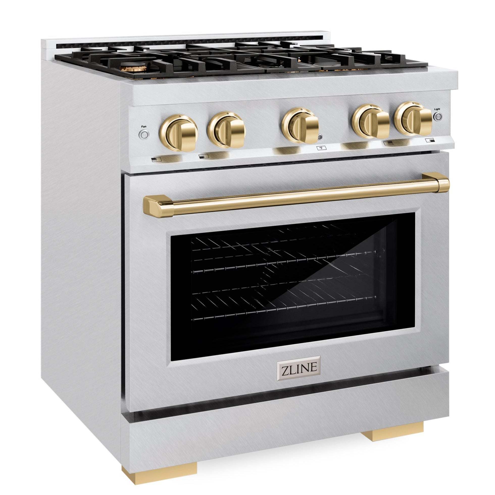 ZLINE 30 in. Gas Range 4.2 cu. ft. Select Series Convection Oven with 4 Burner Cooktop, Satin Stainless Steel & Polished Gold Accents (HGRSZ-30-G)