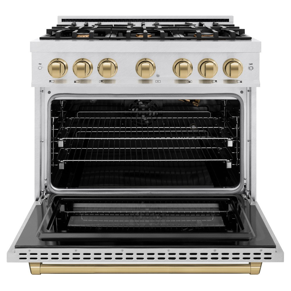ZLINE 36 in. Gas Range 5.2 cu. ft. 6 Burner Cooktop Convection Gas Oven Satin Stainless Steel with Champagne Bronze Accents (HGRSZ-36-CB)
