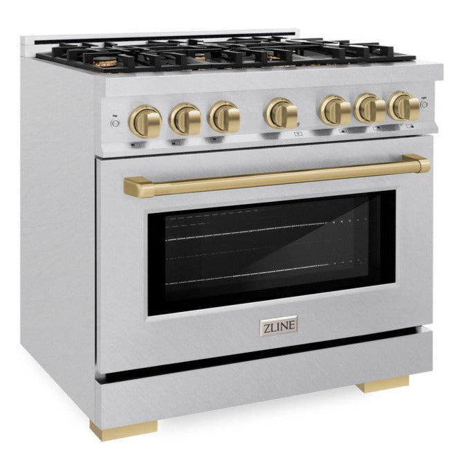 ZLINE 36 in. Gas Range 5.2 cu. ft. 6 Burner Cooktop Convection Gas Oven Satin Stainless Steel with Champagne Bronze Accents (HGRSZ-36-CB)