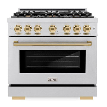 ZLINE 36 in. Gas Range with 6 Burner Cooktop and Convection Gas Oven, 5.2 cu. ft., Satin Stainless Steel with Polished Gold Accents (HGRSZ-36-G)