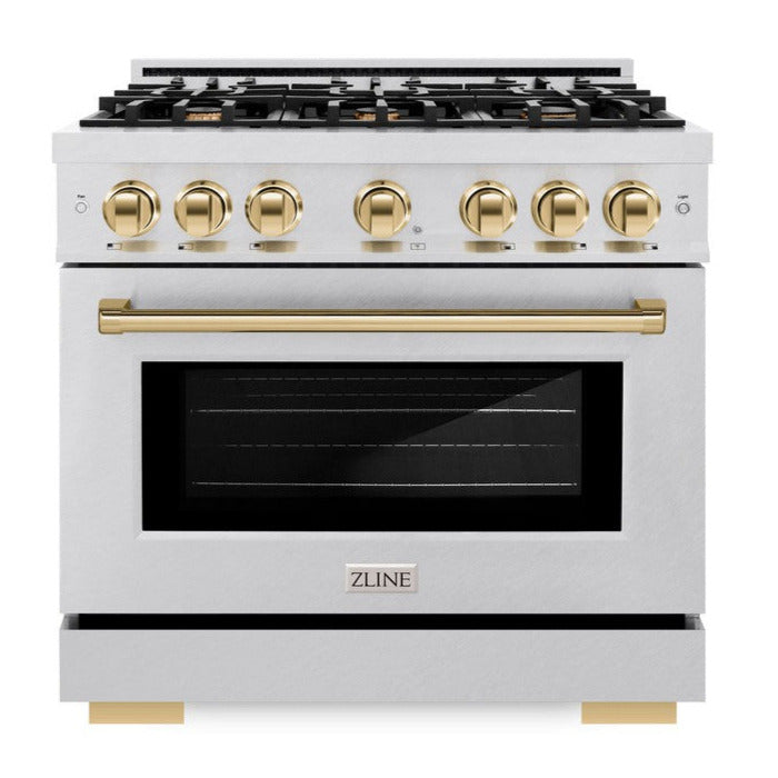 ZLINE 36 in. Gas Range with 6 Burner Cooktop and Convection Gas Oven, 5.2 cu. ft., Satin Stainless Steel with Polished Gold Accents (HGRSZ-36-G)