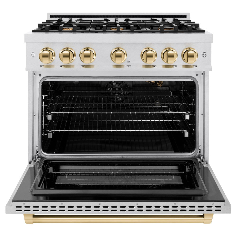 ZLINE 36 in. Gas Range with 6 Burner Cooktop and Convection Gas Oven, 5.2 cu. ft., Satin Stainless Steel with Polished Gold Accents (HGRSZ-36-G)