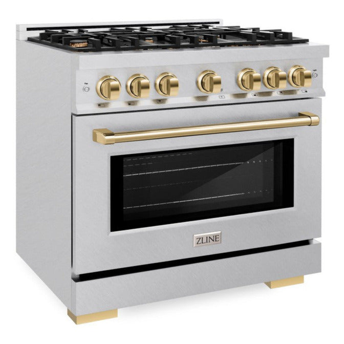ZLINE 36 in. Gas Range with 6 Burner Cooktop and Convection Gas Oven, 5.2 cu. ft., Satin Stainless Steel with Polished Gold Accents (HGRSZ-36-G)