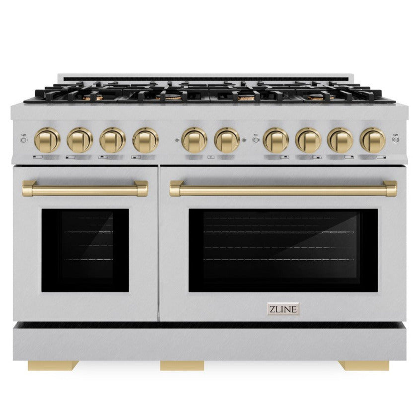 ZLINE 48 in. Double Oven Gas Range 6.7 cu. ft. 8 Burner Cooktop Satin Stainless Steel with Champagne Bronze Accents (HGRSZ-48-CB)