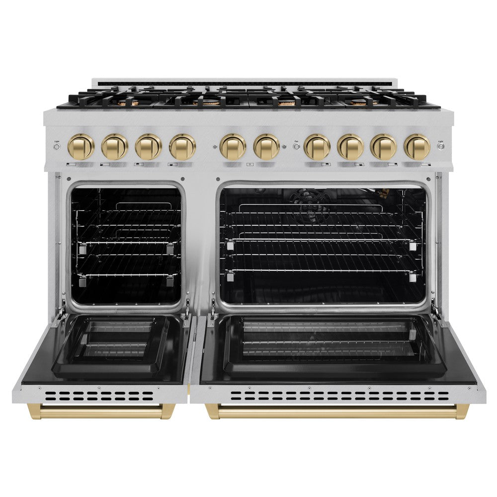 ZLINE 48 in. Double Oven Gas Range 6.7 cu. ft. 8 Burner Cooktop Satin Stainless Steel with Champagne Bronze Accents (HGRSZ-48-CB)