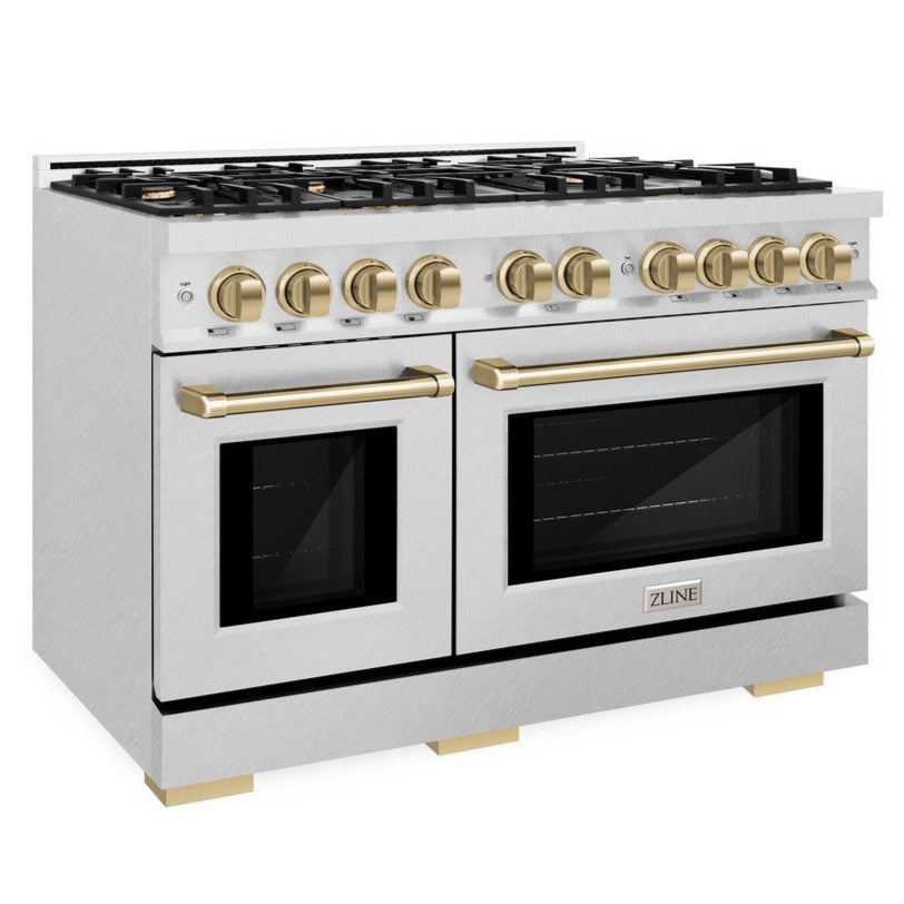 ZLINE 48 in. Double Oven Gas Range 6.7 cu. ft. 8 Burner Cooktop Satin Stainless Steel with Champagne Bronze Accents (HGRSZ-48-CB)