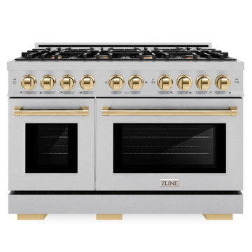 ZLINE 48 in. Gas Range Double Oven 6.7 cu. ft. 8 Burner Cooktop Satin Stainless Steel with Polished Gold Accents (HGRSZ-48-G)
