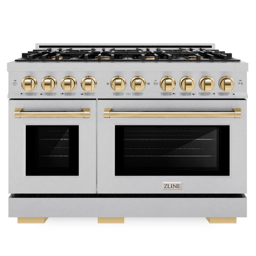 ZLINE 48 in. Gas Range Double Oven 6.7 cu. ft. 8 Burner Cooktop Satin Stainless Steel with Polished Gold Accents (HGRSZ-48-G)