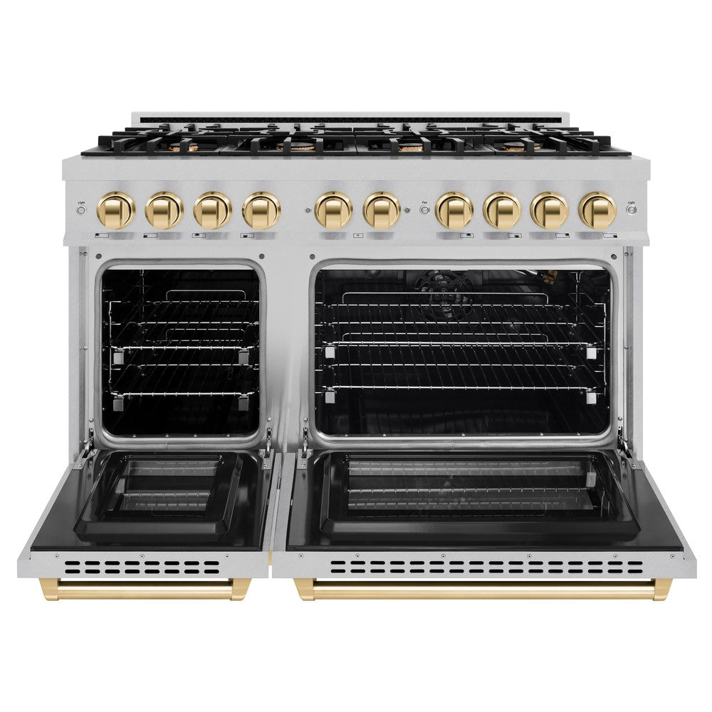 ZLINE 48 in. Gas Range Double Oven 6.7 cu. ft. 8 Burner Cooktop Satin Stainless Steel with Polished Gold Accents (HGRSZ-48-G)