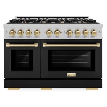ZLINE 48 in. Dual Fuel Range Double Oven 6.7 cu. ft. 8 Gas Burners Satin Stainless Steel Black Matte Doors Champagne Bronze Accents (HDRSZ-BLM-48-CB)