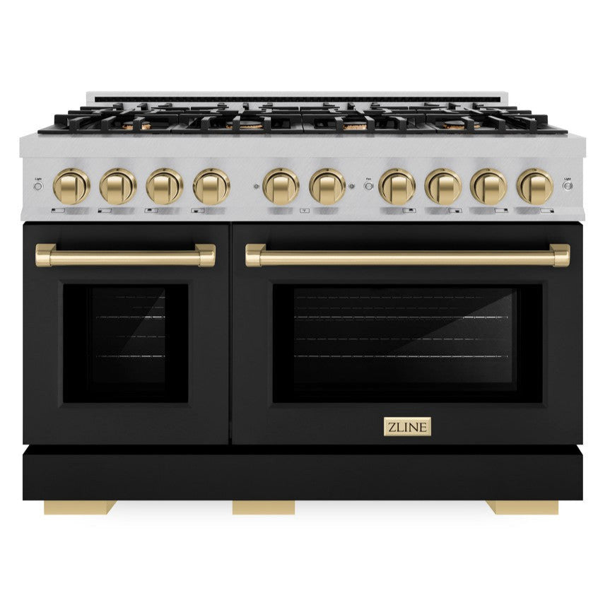 ZLINE 48 in. Dual Fuel Range Double Oven 6.7 cu. ft. 8 Gas Burners Satin Stainless Steel Black Matte Doors Champagne Bronze Accents (HDRSZ-BLM-48-CB)