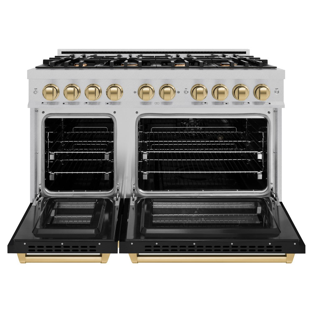 ZLINE 48 in. Dual Fuel Range Double Oven 6.7 cu. ft. 8 Gas Burners Satin Stainless Steel Black Matte Doors Champagne Bronze Accents (HDRSZ-BLM-48-CB)