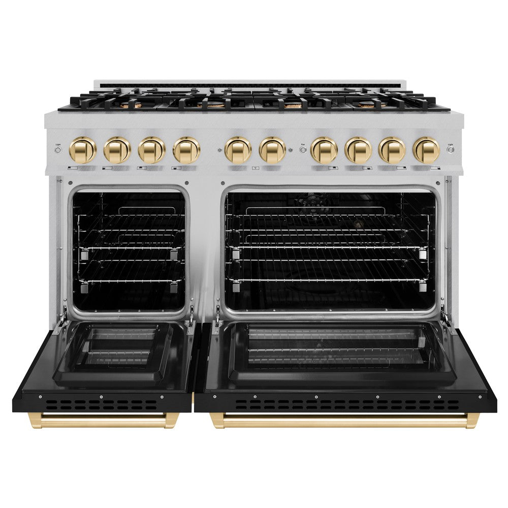 ZLINE 48 in. Dual Fuel Range Double Oven 6.7 cu. ft. 8 Gas Burners Satin Stainless Steel with Black Matte Doors & Polished Gold Accents (HDRSZ-BLM-48-G)