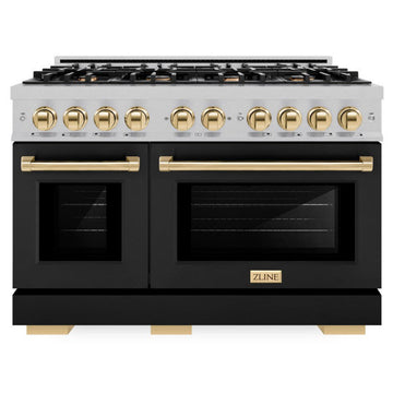 ZLINE 48 in. Dual Fuel Range Double Oven 6.7 cu. ft. 8 Gas Burners Satin Stainless Steel with Black Matte Doors & Polished Gold Accents (HDRSZ-BLM-48-G)