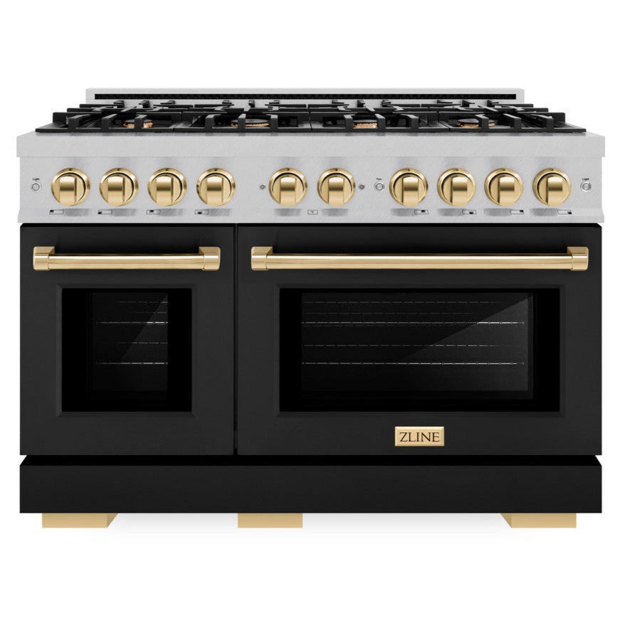 ZLINE 48 in. Dual Fuel Range Double Oven 6.7 cu. ft. 8 Gas Burners Satin Stainless Steel with Black Matte Doors & Polished Gold Accents (HDRSZ-BLM-48-G)