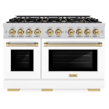 ZLINE 48 in. Dual Fuel Range Double Oven 6.7 cu. ft. Capacity 8 Burner Gas Cooktop Satin Stainless Steel White Matte Doors Champagne Bronze Accents (HDRSZ-WM-48-CB)